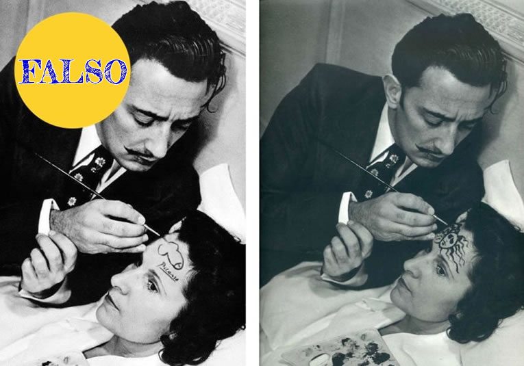 Salvador Dalí nunca pintó un pene como broma en la frente de una mujer, con la firma del mismísimo Picasso. O por lo menos, si lo hizó, nunca lo fotografiaron. La mujer de la foto es la esposa de Dalí, Gala y la pintura que está haciendo es el sueño de Medusa.