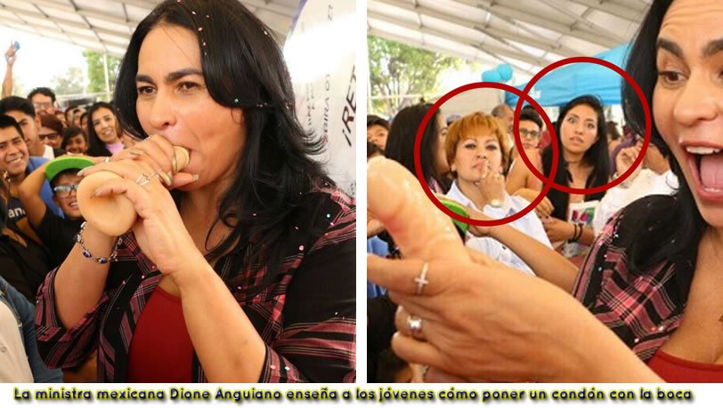 La ministra mexicana Dione Anguiano enseña a los jóvenes cómo poner un condón con la boca
