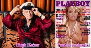 Huhg Hefner al lado de la portada de Pamela Anderson para el Playboy de 1999