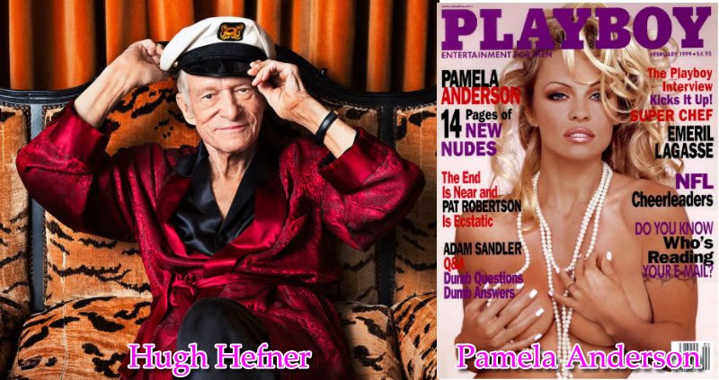 Hugh Hefner al lado de la portada de Pamela Anderson para el Playboy de 1999