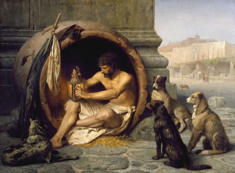 Diógenes de Sinope en su tinaja, con sus perros