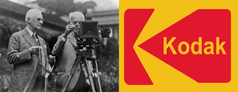Eastman con sus inventos y el logotipo de Kodak