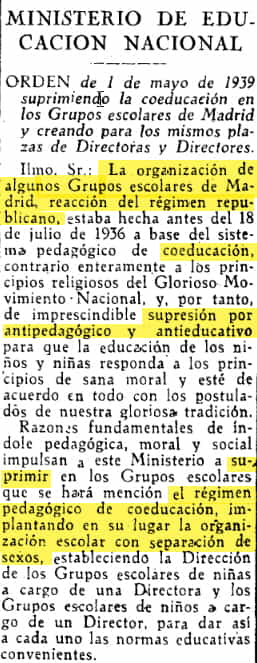 Extracto de la Orden ministerial de 1 de mayo de 1939