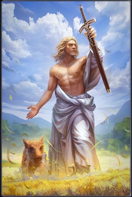 El dios Frey con su jabalí y su espada
