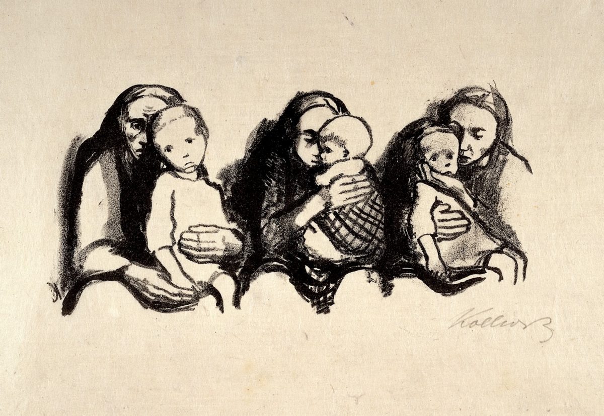 Madres con sus hijos enfermos esperando para consultar a un médico. Litografía de K. Kollwitz, 1920