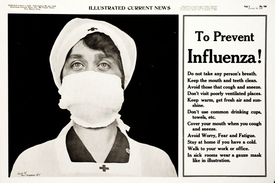 Cartel de advertencia para que las personas tomen las medidas adecuadas contra la gripe en 1918