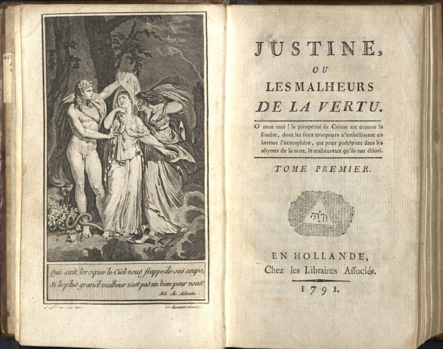 Ilustración y titulo del libro Justine del Marqués De Sade