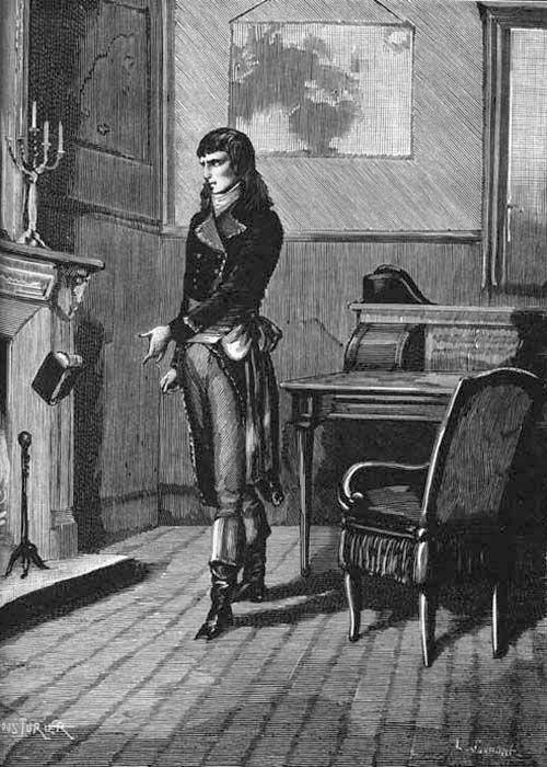 Napoleón hecha al fuego el libro de Sade Justine, grabado atribuido a P. Cousturier.