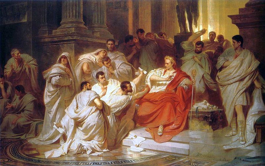 Cimbro (en el centro) muestra la petición y tira de la túnica de César, mientras que uno de los dos hermanos Casca se prepara para golpearlo por detrás. Pintura de Karl Theodor von Piloty