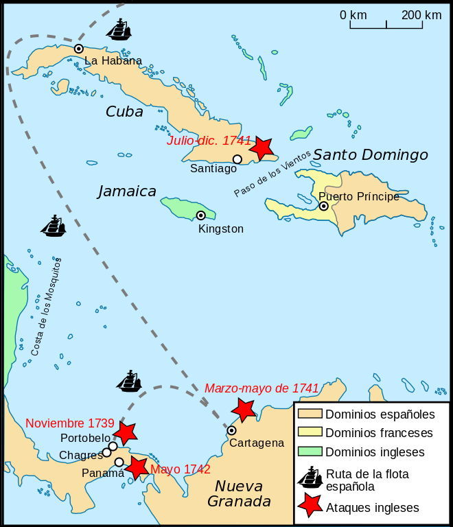 Mapa de las operaciones británicas en el mar Caribe durante la Guerra del Asiento