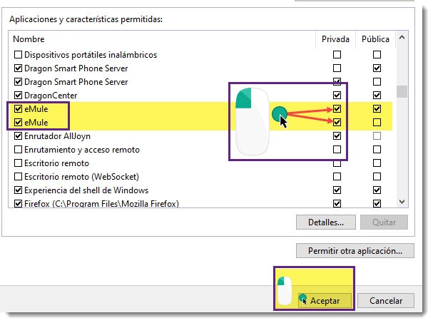 Seleccionar permisos de eMule en el firewall de Windows