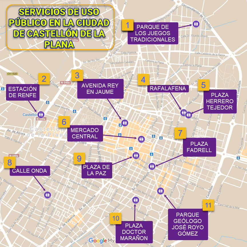 Mapa de los servicios de uso público de la ciudad de Castellón de la Plana en España