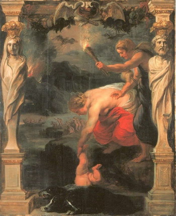 Testis sumergiendo a Aquiles en el río Estige pintado por Rubens