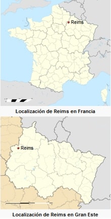 Localización de la ciudad de Reims en Europa y en Francia.