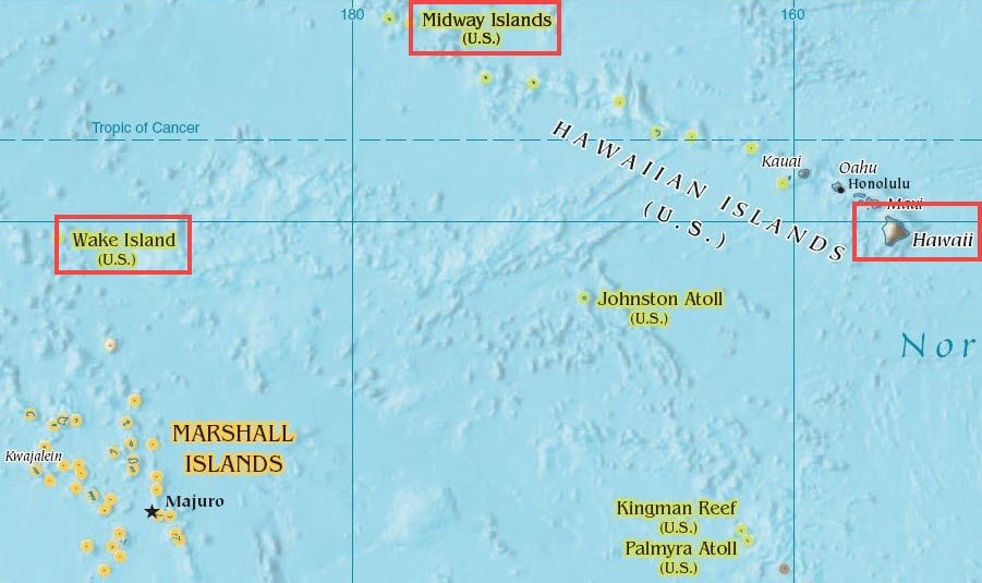 Posición de las islas Hawai y el atolón de Midway
