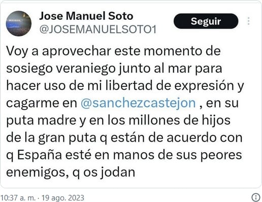 Tweet de José Manuel Soto insultando a los socialistas y a sus votantes