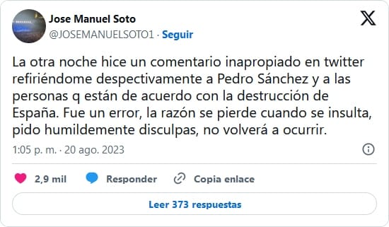 tweet de rectificación sobre los insultos vertidos por José Manuel Soto a Sánchez Castejón y sus votantes