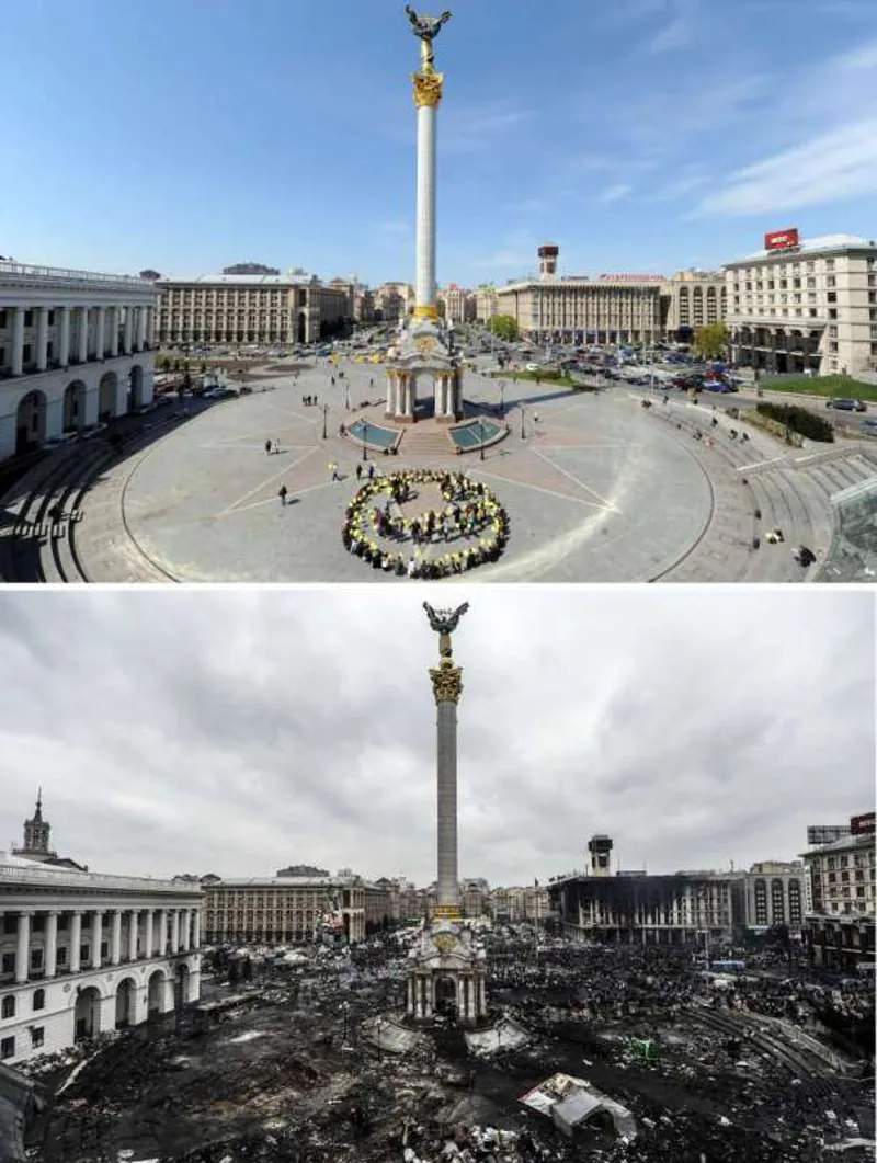 Plaza de la Independencia o Maidán antes y después de la matanza